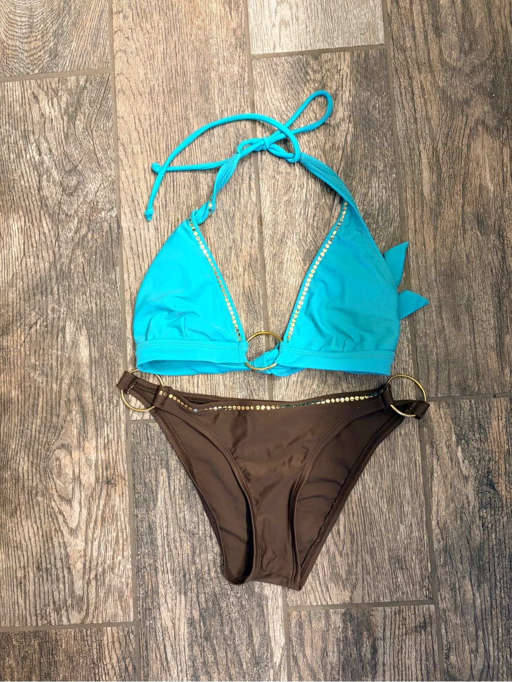 split Turquoise & Brown Ring-Accent Women's Bikini